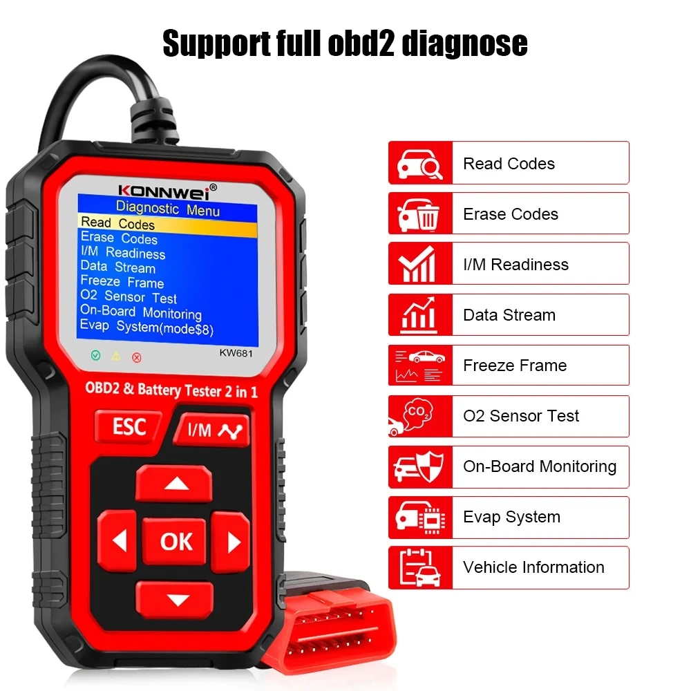 KONNWEI-KW681 6V 12V 자동차 오토바이 배터리 테스터 Obd 2 자동 진단 도구, 2 인 1 2000 CCA 자동차 진단 Obd2 스캐너