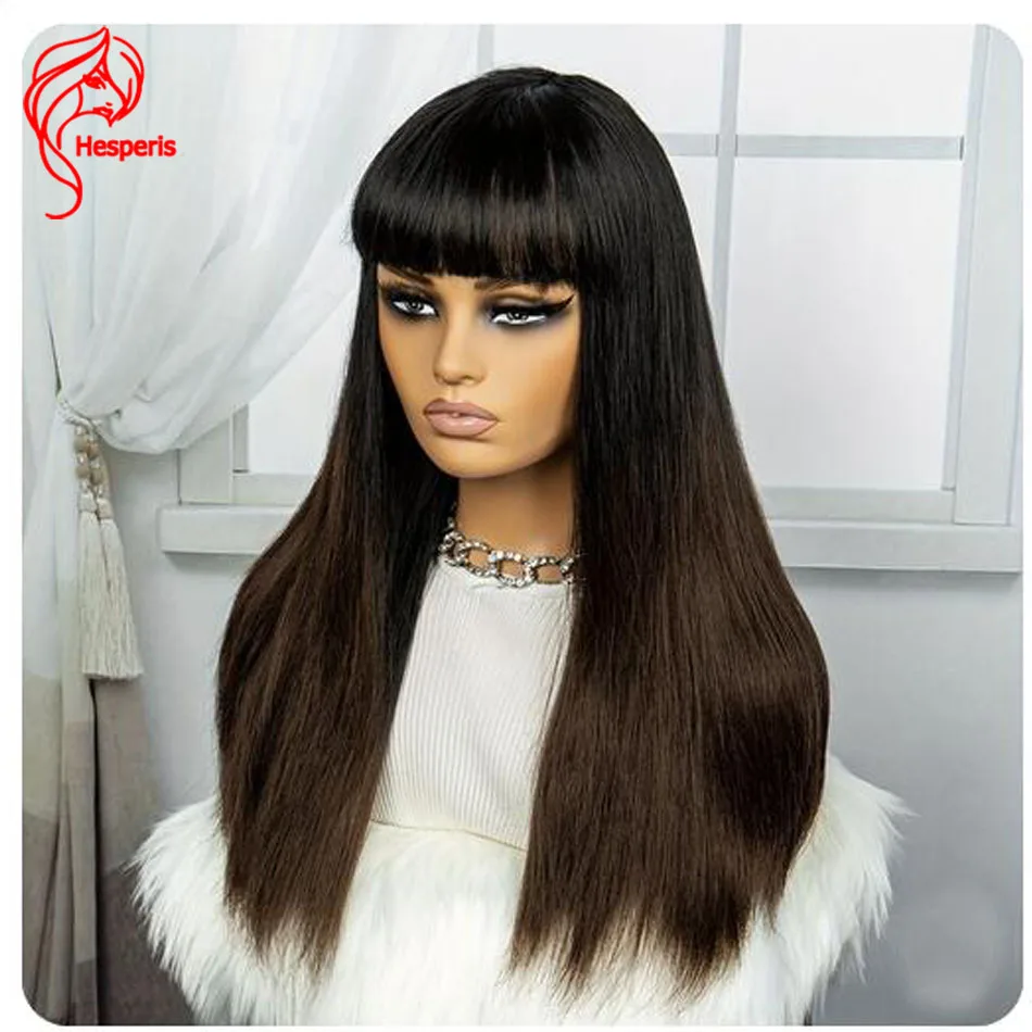 

Hesperis Silk Straight Wig Brazilian Remy Ombre Scalp Top Full Machine Made Human Hair Wig With Bangs Wear And Go Brown Ombre