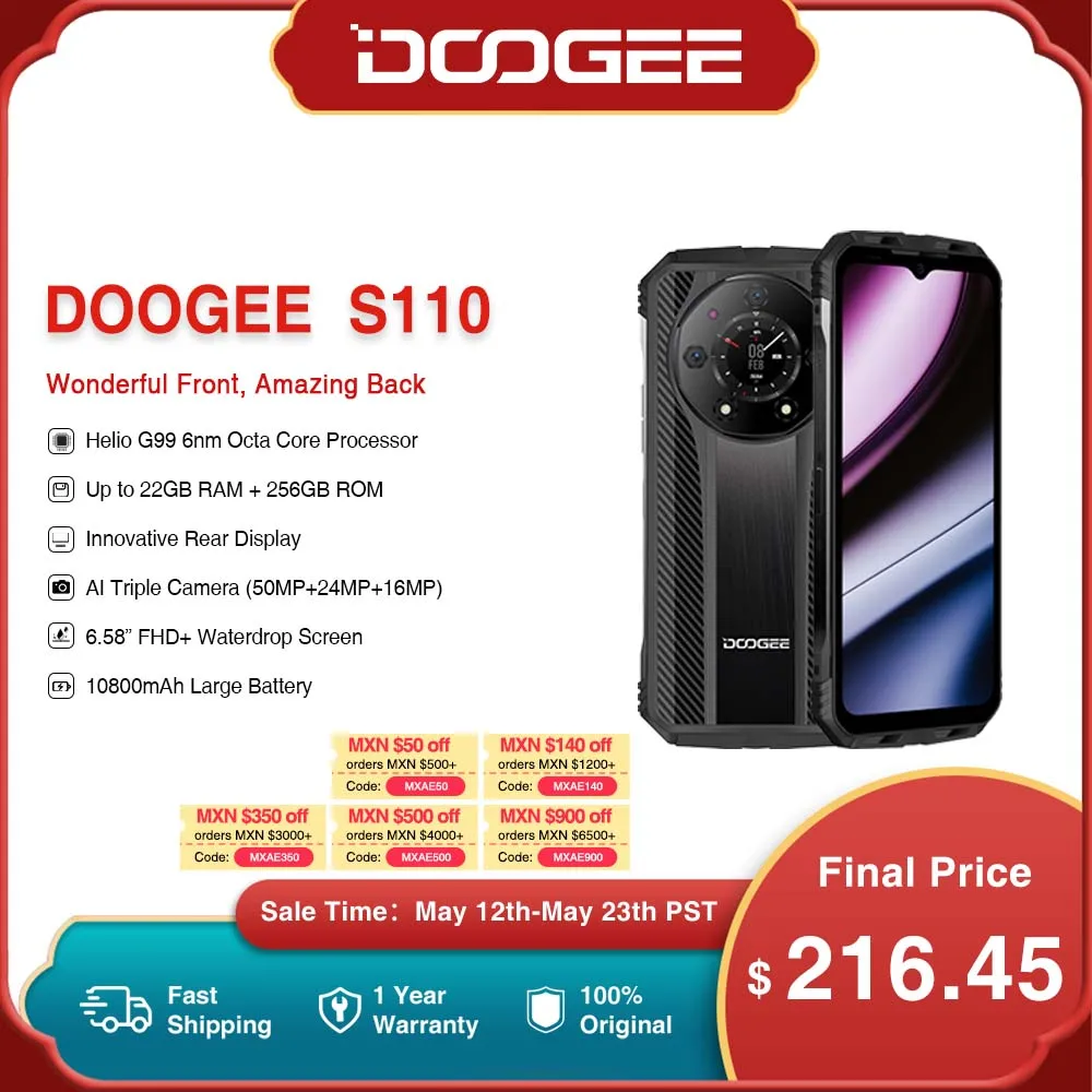 World Premiere DOOGEE S110 Rugged Phone 6.58” FHD Waterdrop Screen Helio G99 Octa Core 66W Fast Charging 10800mAh Battery Phone