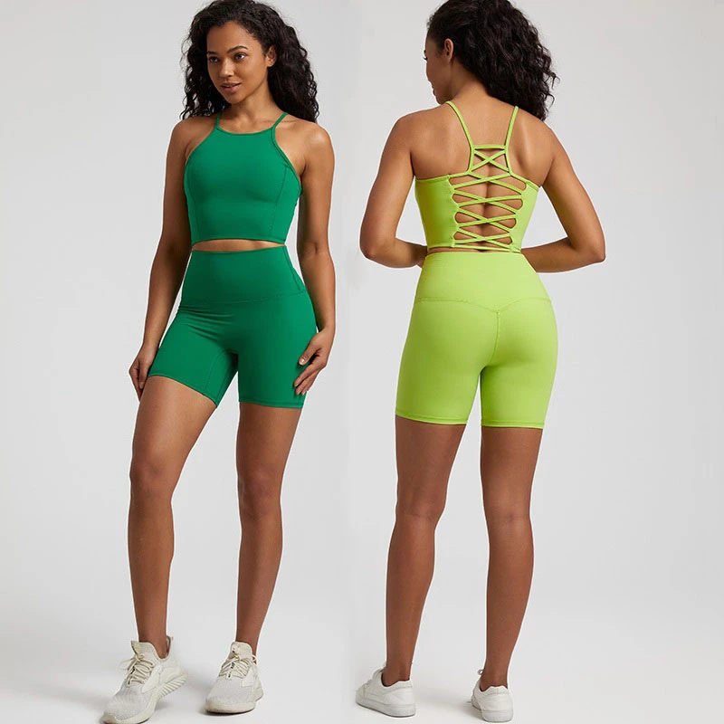 

Бесшовный спортивный костюм для фитнеса, Женский комплект для спортзала и йоги, тренировочный костюм, 2 предмета, бюстгальтер с перекрестными лямками, топ, шорты для бега, наряд