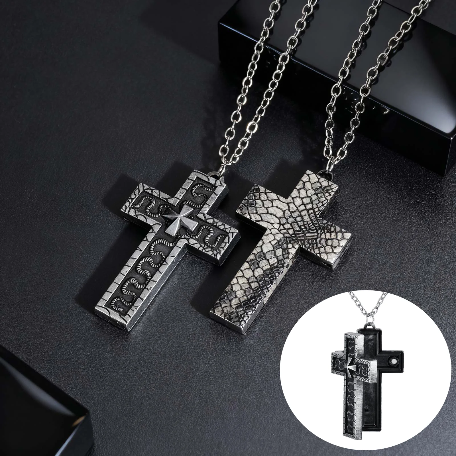 Vintage Geheimfach zu öffnende Kreuz Anhänger Halskette, Gothic Punk Hip Hop Mode Anhänger Halskette für Männer Metallschmuck
