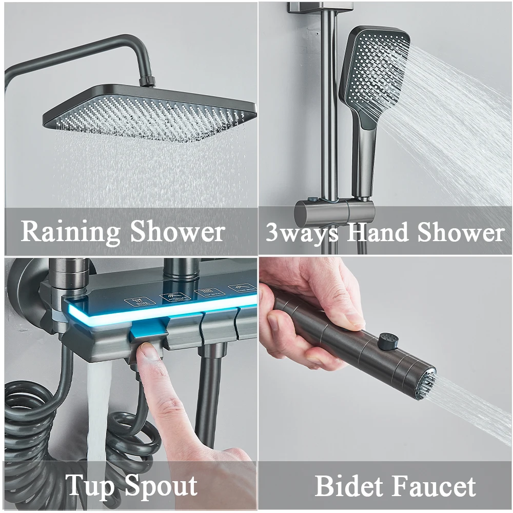 Ambient Lighting Piano Digital Bathroom Shower 12 Inch Rain Shower Head Bathroom Accessories Faucets Hot Cold Digital Shower Set 3