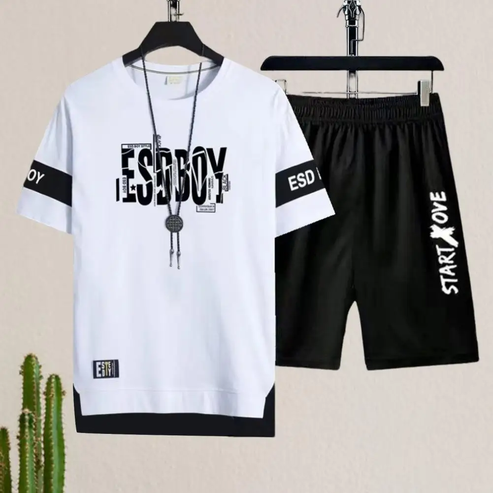 Sports Wear Men T-shirt Shorts Set Men's Sport Outfit Set with O-neck Tee Shirt Elastic Waist Shorts Letter Print for Active