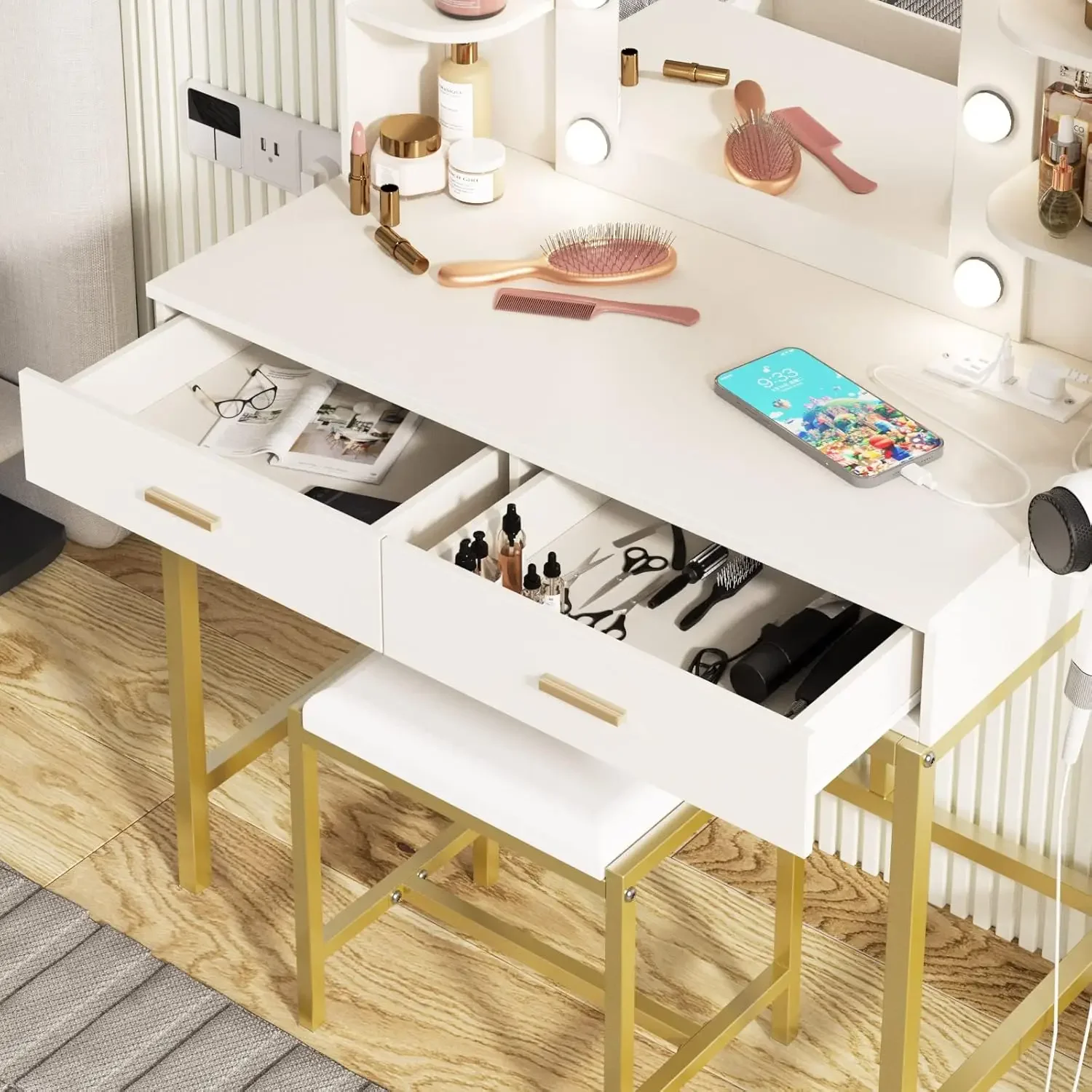 Vanity Desk with Mirror and 10 Led Lights Charging Station Makeup Table Set with Lighted Mirror 3 Lighting Modes 2 Drawers 5