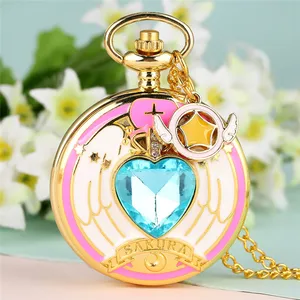 Luxury Gold Heart-Shaped Gem Quartz Pocket Watch with Pendant Accessory Sweater Necklace Chain Collectable Timepiece Reloj