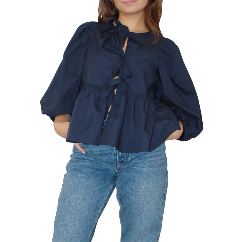 Camisas Y2K para mujer, ropa estética, elegante, color sólido/rayas, manga 3/4, cárdigan con lazo, blusa de los años 2000, ropa de calle