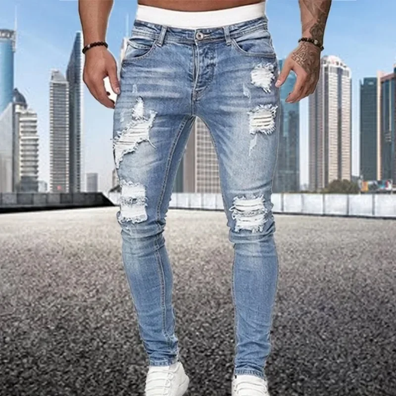 Retro Ripped Pencil Small Foot Skinny Jeans for Men Motorcycle Streetwear Stretch Straight Casual Slim Jeans Male
