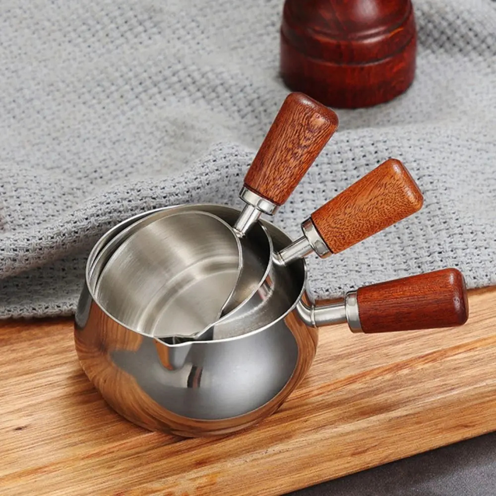 Kitchen Tableware 304 Stainless Steel Sauce Pan 60ml/120ml/180ml Reusable Seasoning Cup Wooden Handle Measuring Spoon Steak