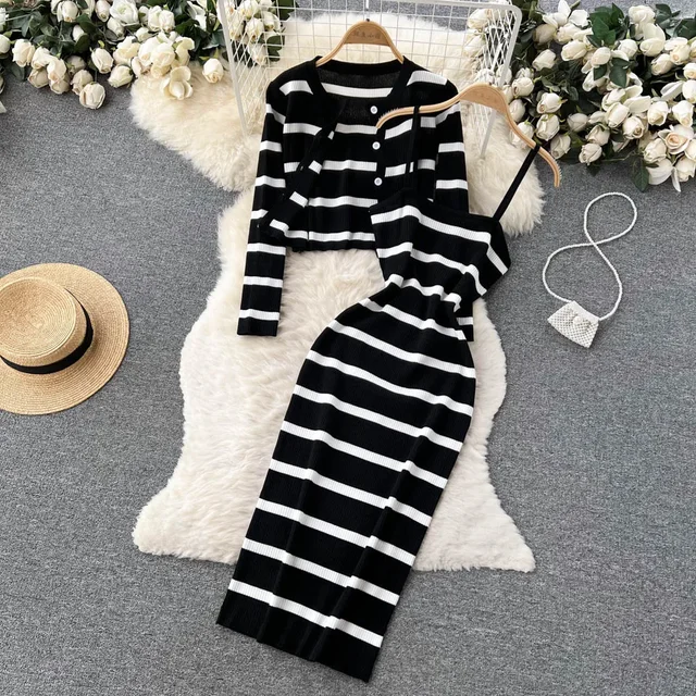 Korean Sweet Hit Color Patchwork Striped Spaghetti Strap Dress and V Neck Long Sleeve Cardigans 2 Pieces Sets
