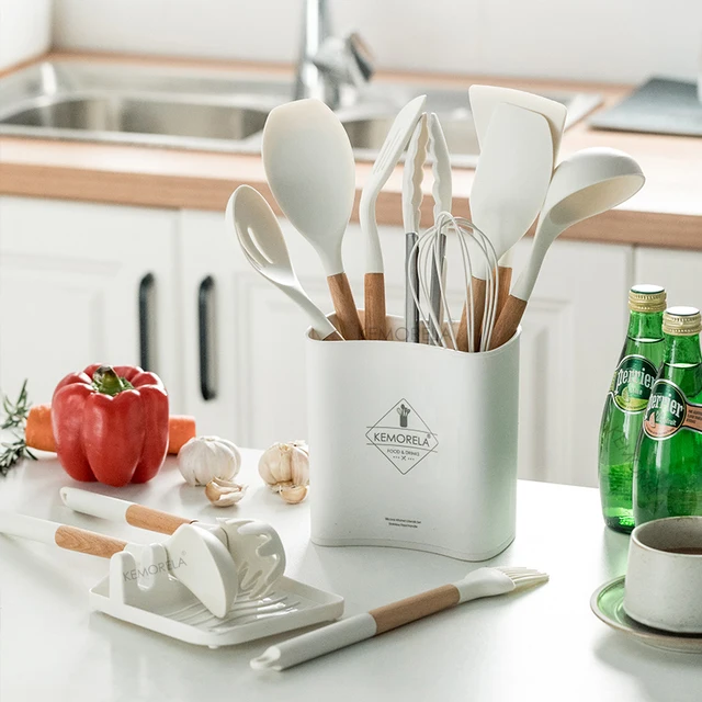 Juego de utensilios de cocina de silicona, espátula con mango de madera antiadherente resistente a altas temperaturas, 10/13 piezas