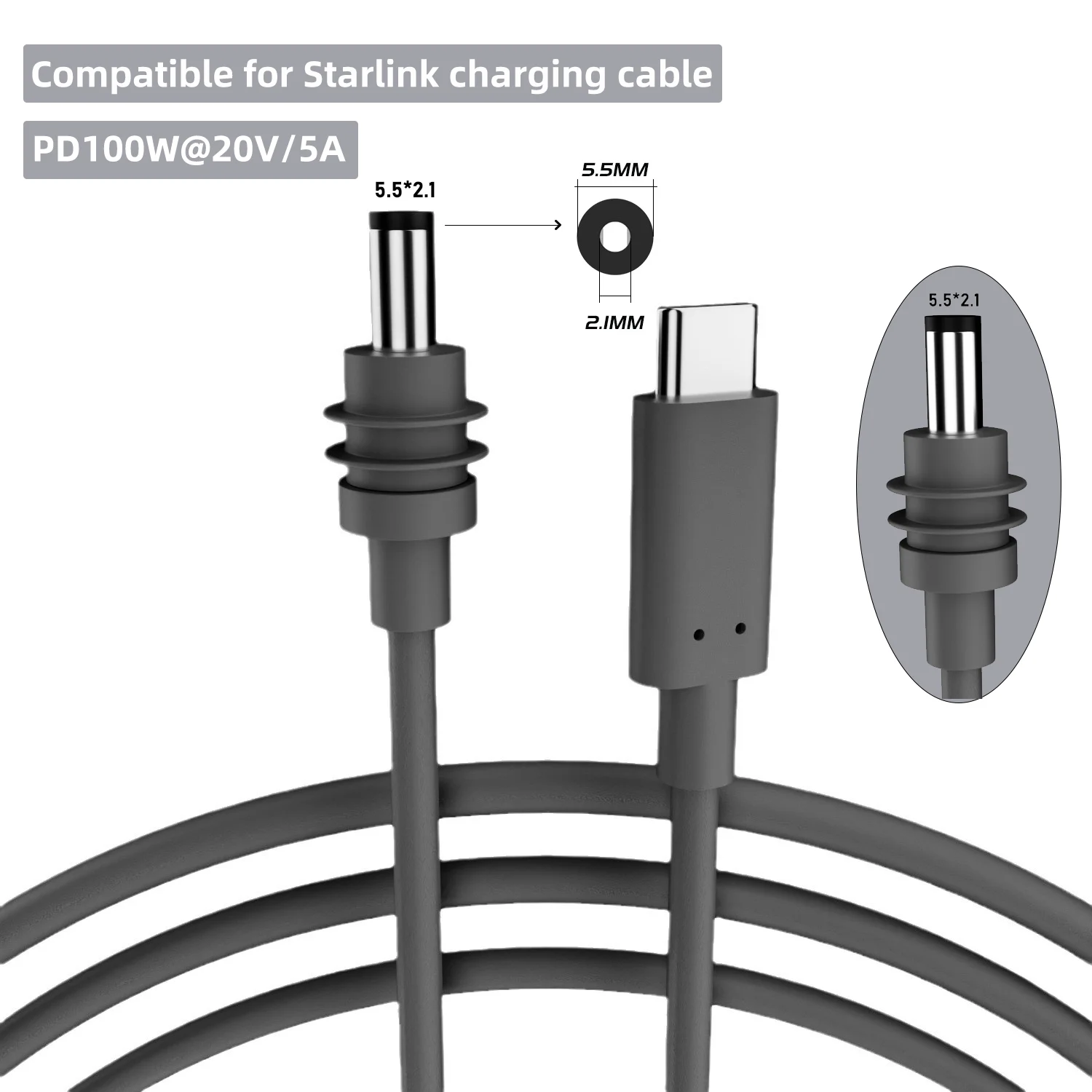 Power Cable For Starlink Mini 2M(6.6ft) DC Power Type-C Input Replacement Waterproof Outerdoor Barrel Jack Charging