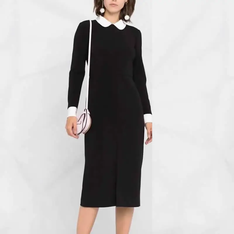 

Women's Long Sleeve Peter Pan Collar Sheath Dresses, Solid Black Women Dress, New