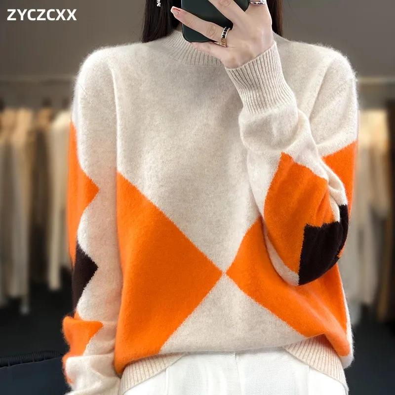 

100% Merino Wool Pullover For Women Autumn/Winter Thickened Semi-Turtleneck Sweater For Women Stylish Casual Sweater