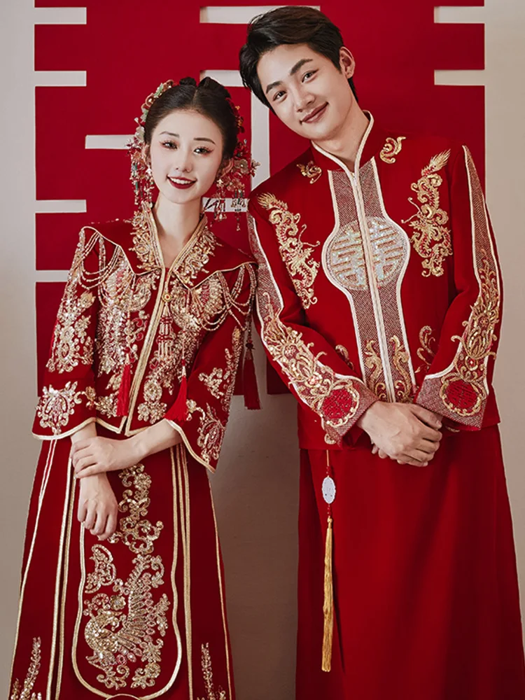 

Bride Red Velour Wedding Dress Toast Clothing Chinese Style Couple Sequins Beading Embroidery Qipao Elegant Cheongsam