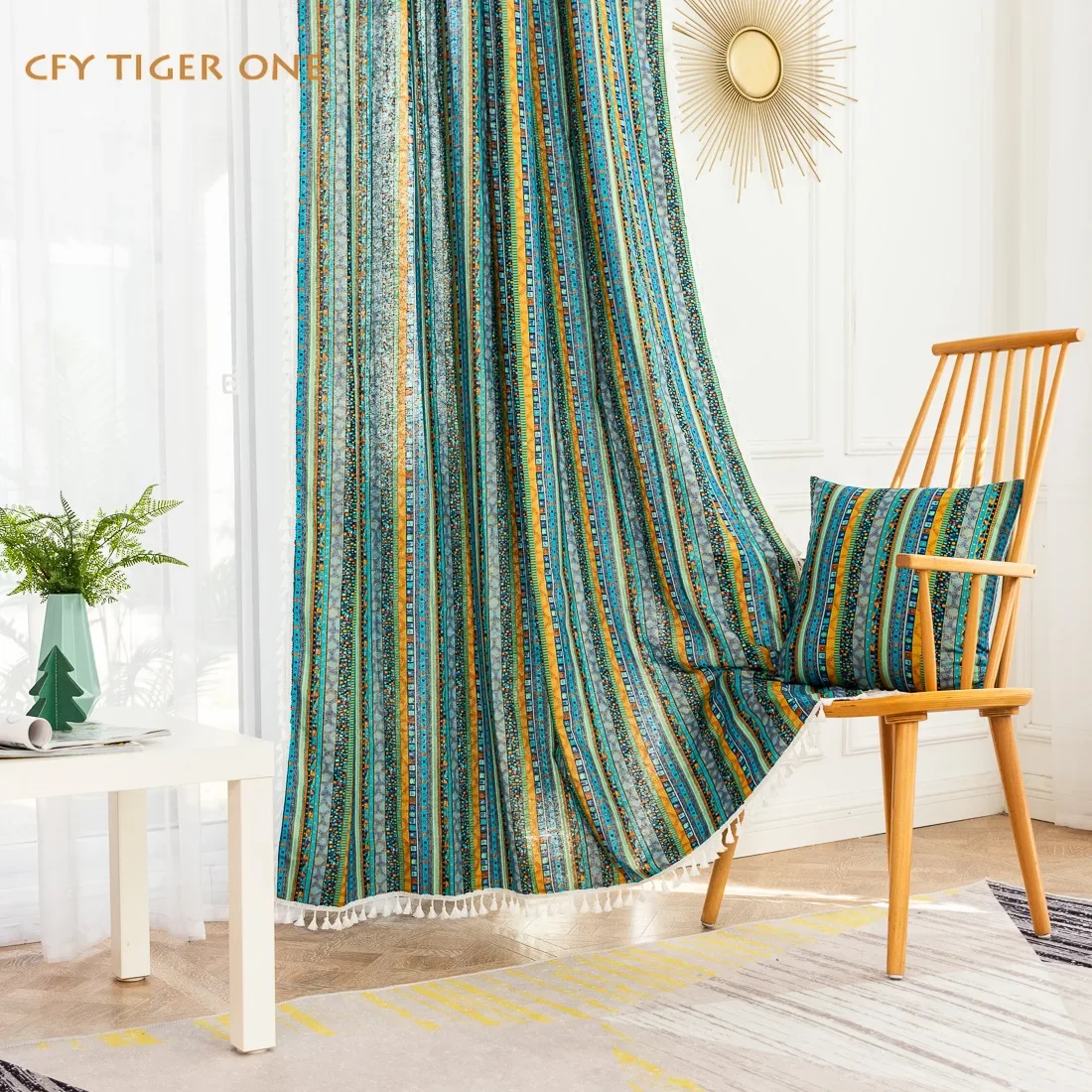 

American Striped with Tassels Cotton Linen Blackout Window Curtain Ready-made Drapes for Bedroom Curtains In The Living Room