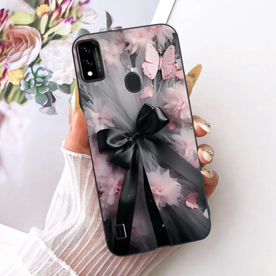 Charming Floral Butterfly Cat Black Silicone Phone Case