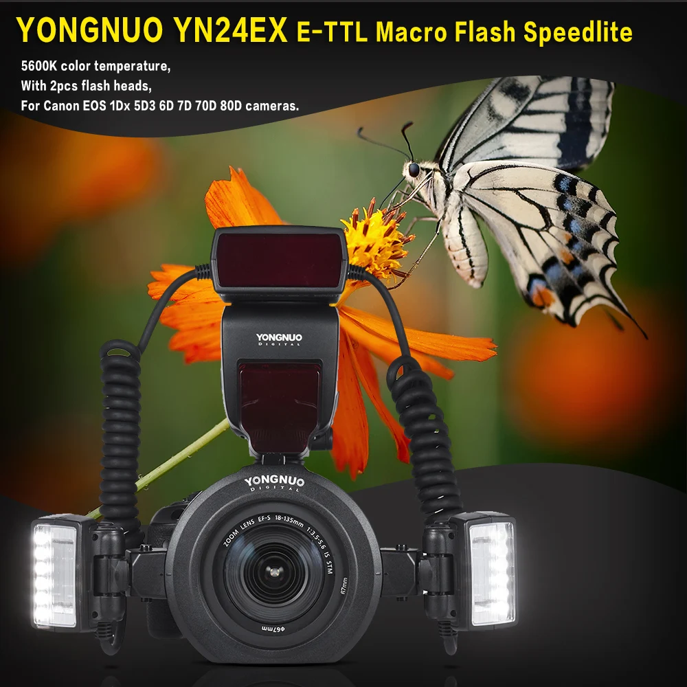 YONGNUO YN24EX Flash Speedlite 5600K with 2pcs Flash Heads and 4pcs Adapter Ring