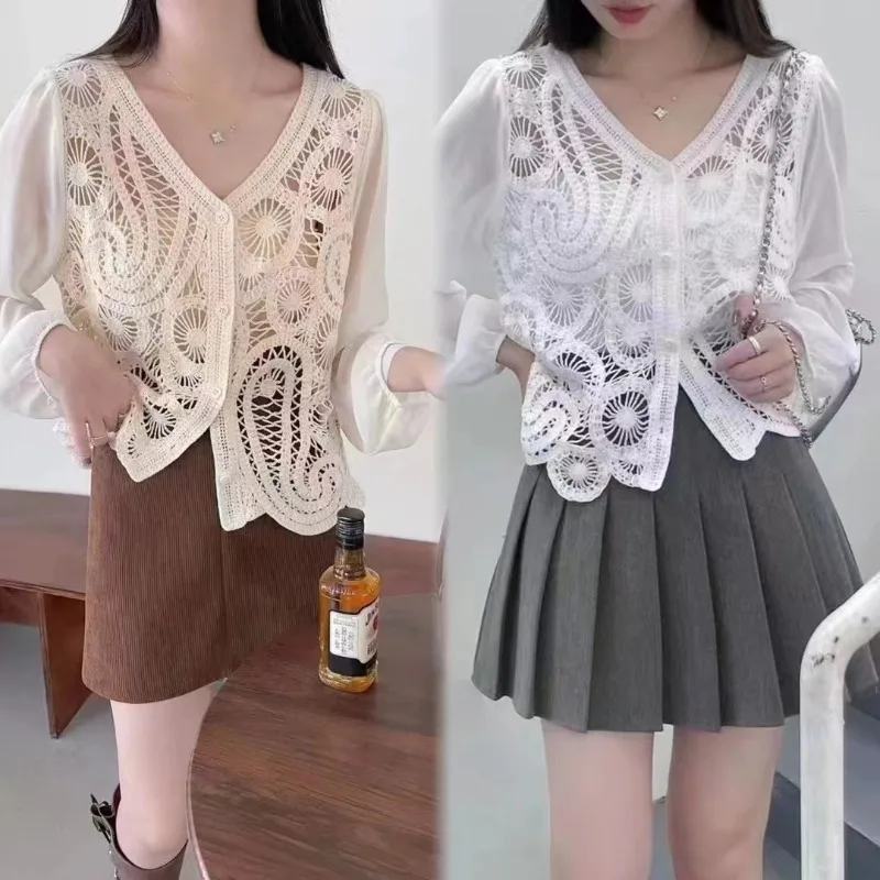 Spring Autumn Women's Solid V-Neck Gauze Flower Hollow Button Chiffon Lantern Long Sleeve Cardigan Shirt Casual Elegant Tops