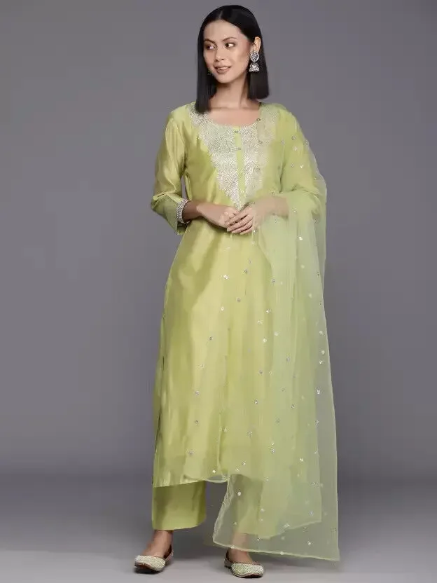 Light Green Kurta Pant Dupatta Set Chanderi Embroidered Knee Length Kurti
