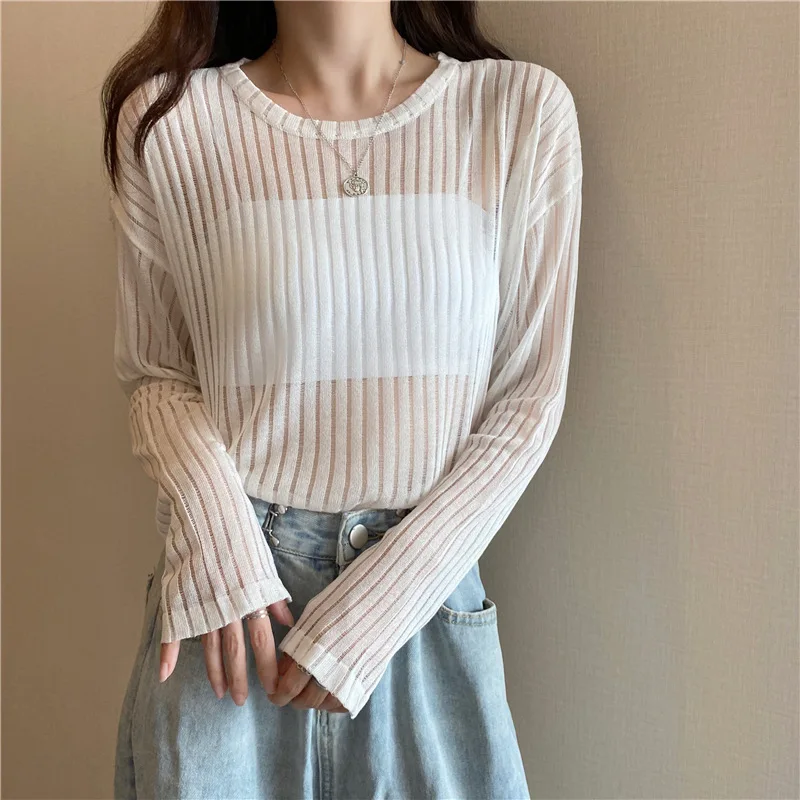 

High Elasticity Short Top Ladies New Long Sleeve Loose Solid Tshirt Women's Summer Round Neck Thin Knitwear T-Shirt High Street