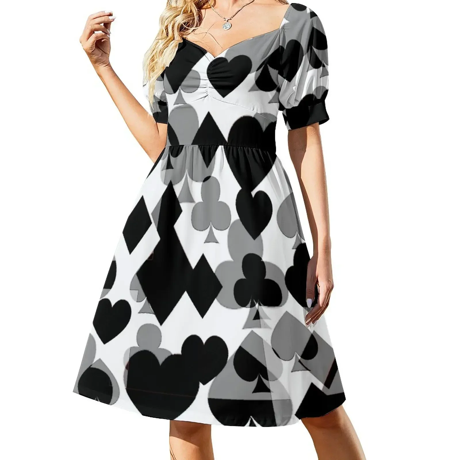 thumbnail image 1 of Vestido de manga corta con diseño de arte abstracto en blanco y negro de las suites del casino, ropa de mujer coreana, ropa elegante para mujer, 1 of 8