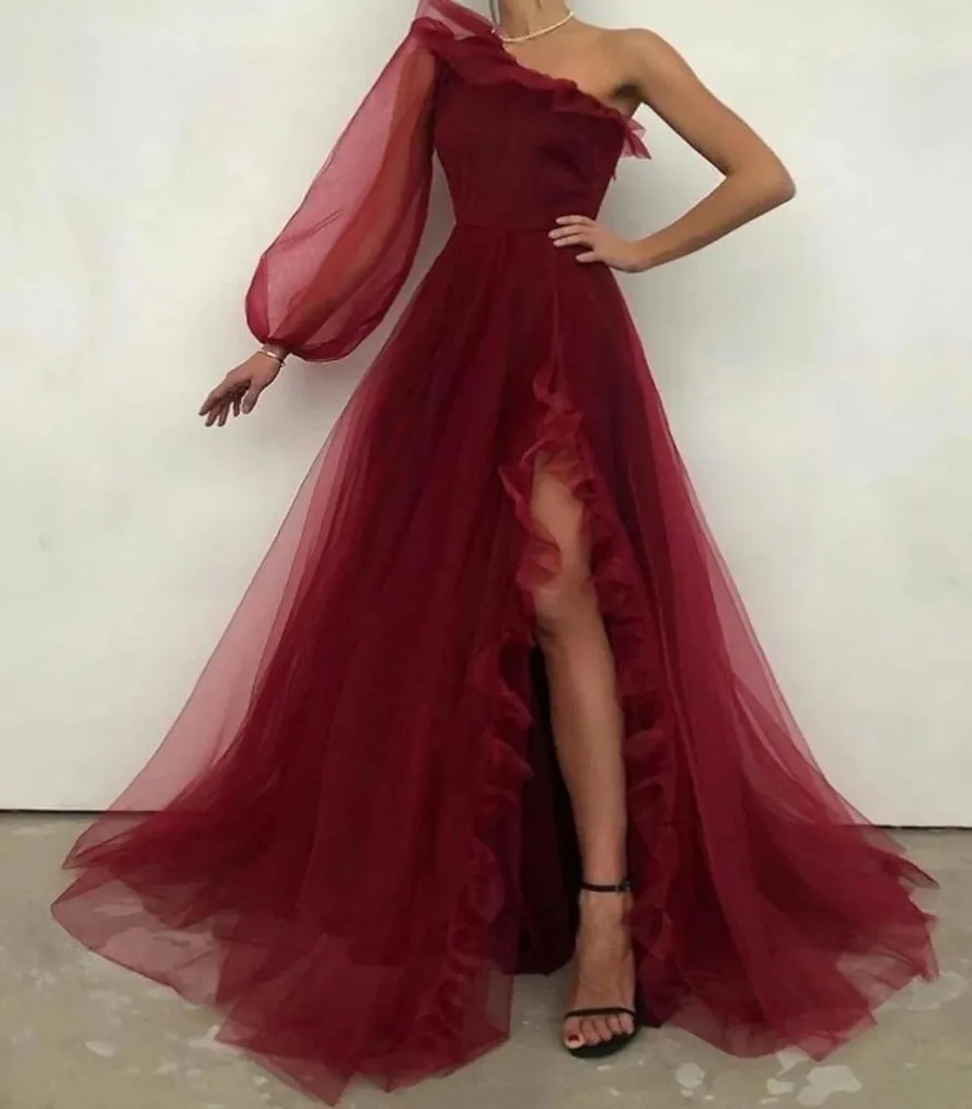 

Burgundy Arabic Dubai Prom Dress One Shoulder Long Sleeve Ruffles Tulle Pageant Party Gowns African Abendkleider Robe De Soiree