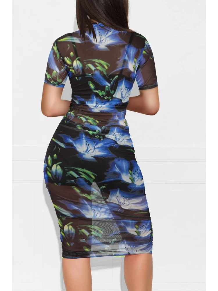 Wmstar 2025 New Women Fashionable Elegant Dress Printed Net Sexy Dress Short Sleeve Flower Pattern Knee Length Dress