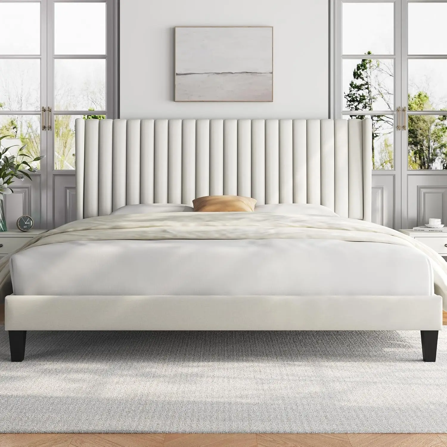 King Bed Frame Upholstered Platform Bed with Fabric Headboard, Wing Edge Design/Non-Slip and Noise-Free/Wooden Slats Support/No