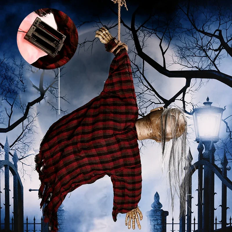 Electric Hanging Ghost Halloween Horror Decoration Long Hair Old Man Zombie Glowing Sound Toys Haunted House Party Decor Props