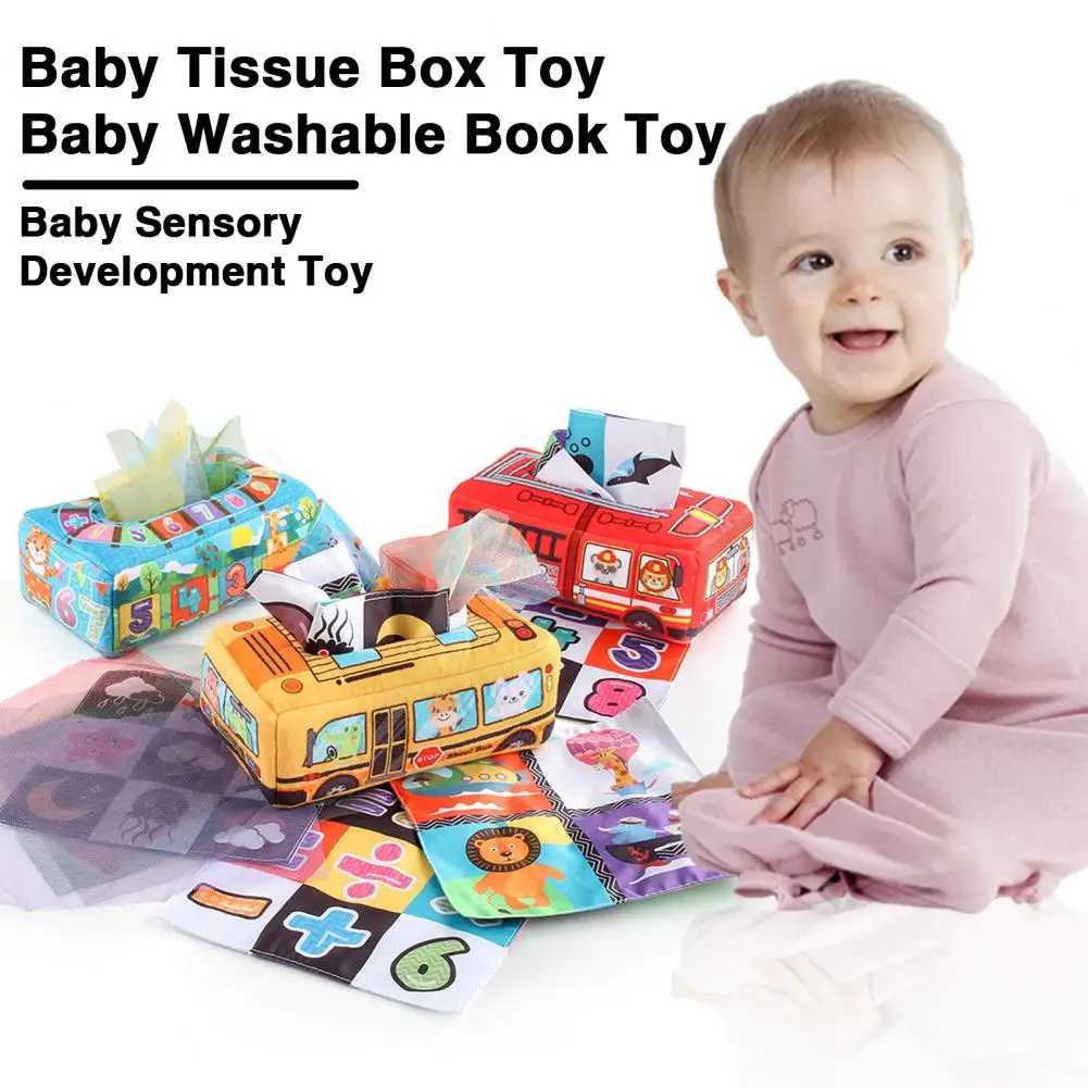 

16Pcs Baby Tissue Box Toy with Cloth Book Scarves Vehicle Cognition Crinkling Early Education Infant Toddler Napkin Holder Senso