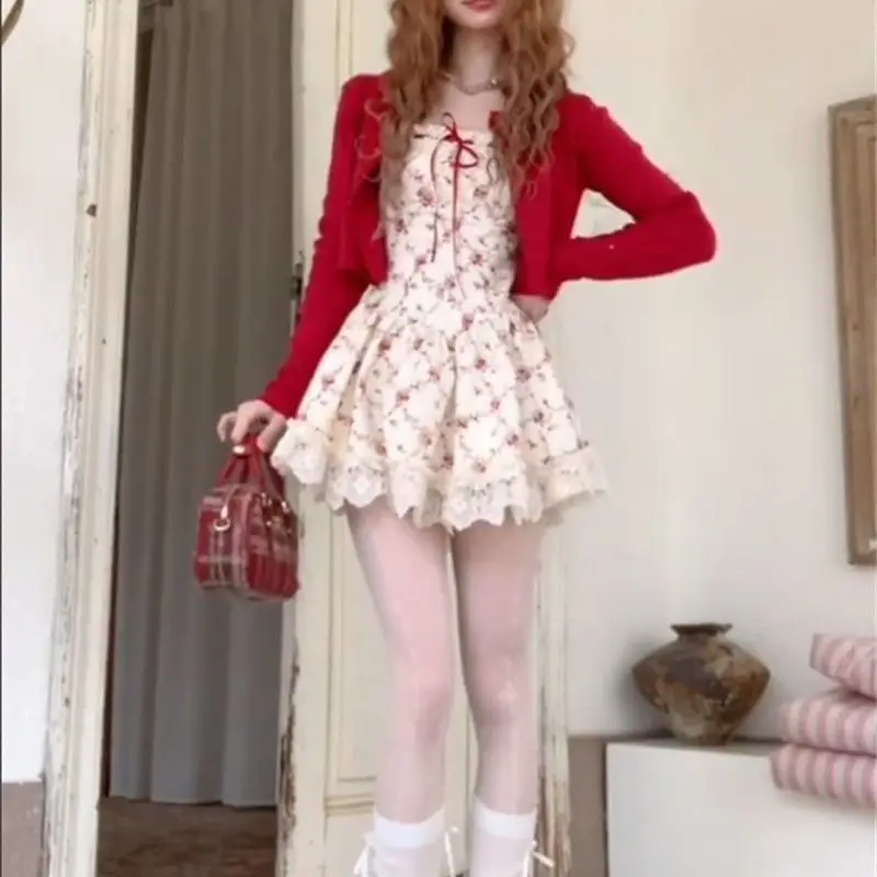 New Floral Dress Two Piece Set Women Red Knitted Cardigan +Cute Boho Mini Dress Female Print Casual Floral Dress Suit 2024