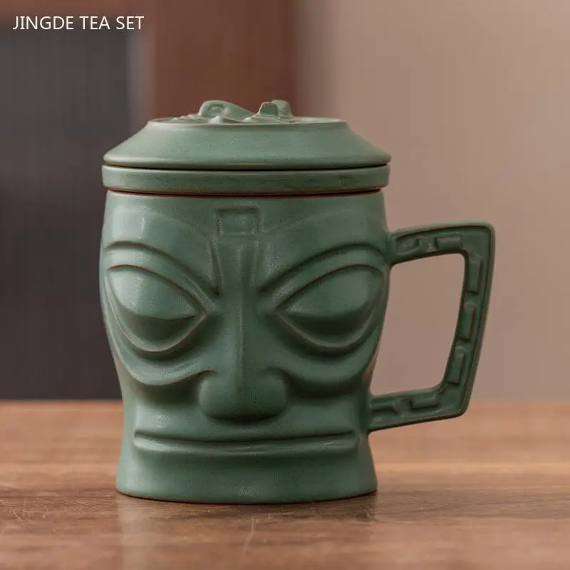 320ml Chinese Ceramic Filter Teacup Creative Bronze Mask Sanxingdui Mug Custom Tea Set Gift Home Office Beauty Tea Infuser