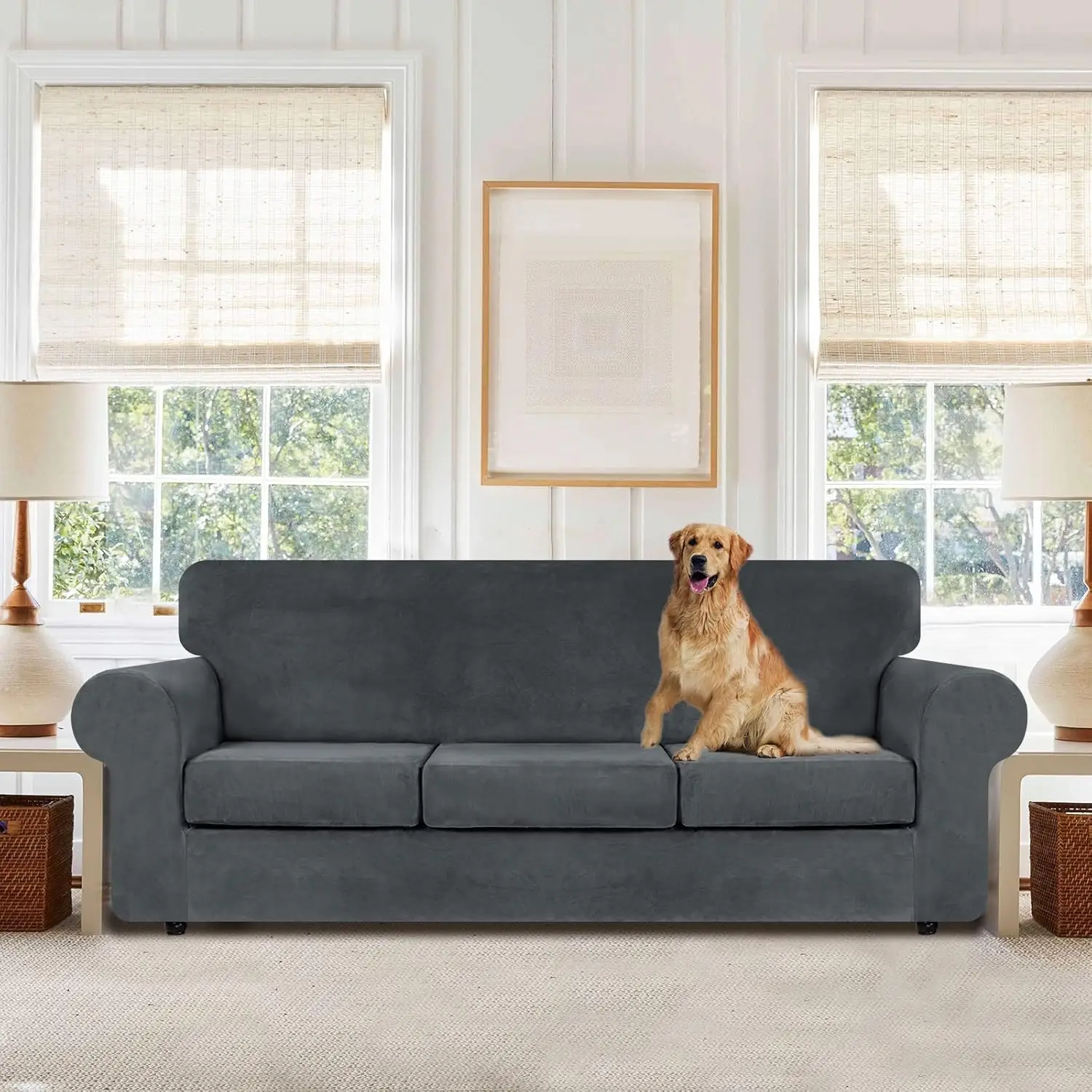 Stretch Velvet Chesterfield Couch Cover with Seat Cushion Cover for Curved Settee Armchair Vintage Style Sofa Cover 2