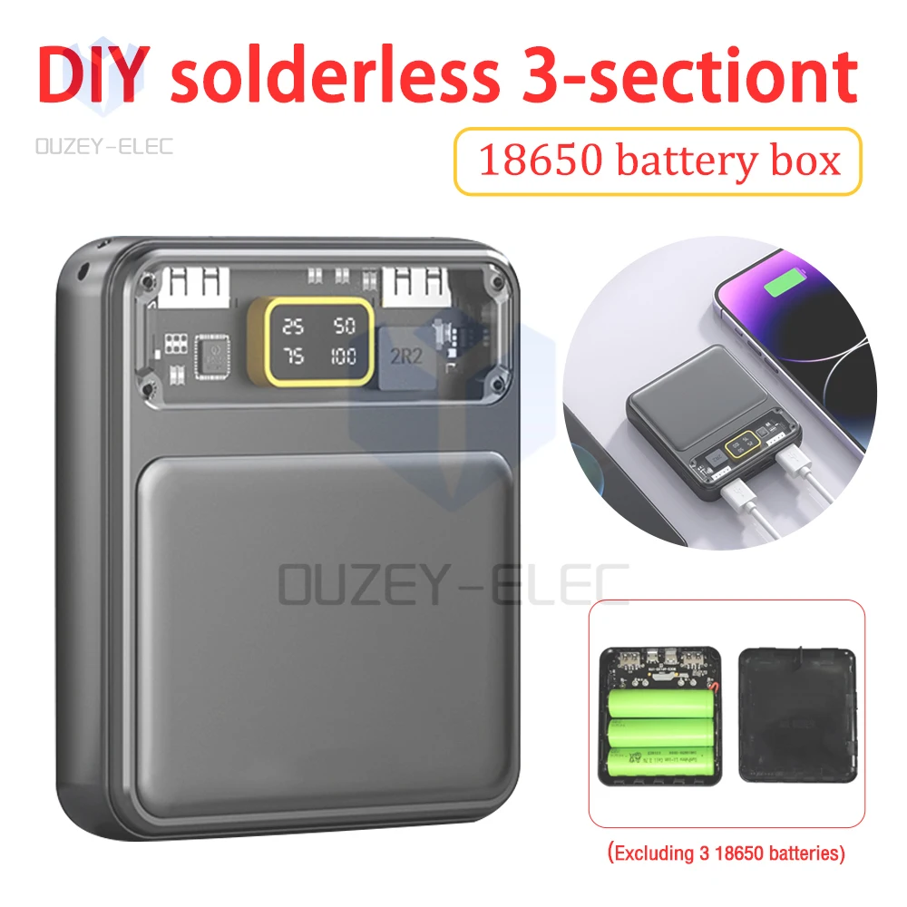 Power Bank Case Power Bank Battery Power Bank Box Power Bank Shell Kit with Digital Display 3-section 18650 Battery Pack No Welding DIY Transparent Accessories