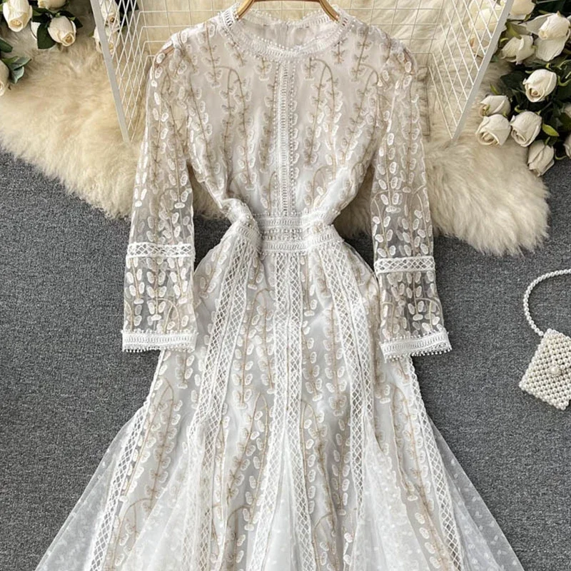 

White Mesh Dress Women Elegant Embroidery Flower Ankle Length Vintage Runway Clothing Women Summer Party Vestido Mujer
