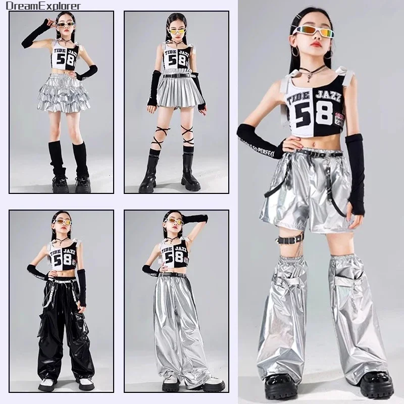 Girls Crop Top Pleated Skirts Street Dance Shorts Silver Pants