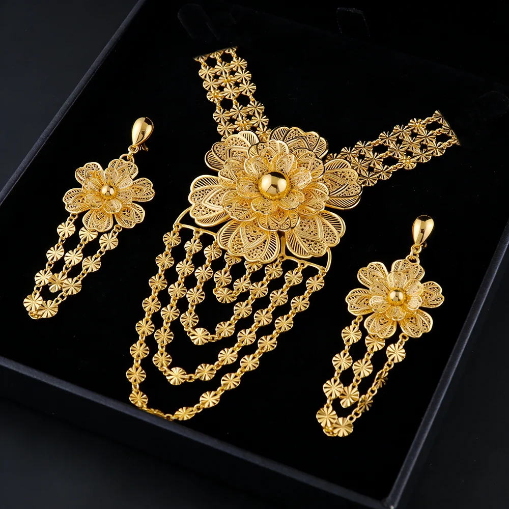 24K Gold Color Long Chain Necklace Earrings Set New Indian Nigerian Bridal Wedding Ethiopian Luxury Party Jewelry Wholesale Gift - 6