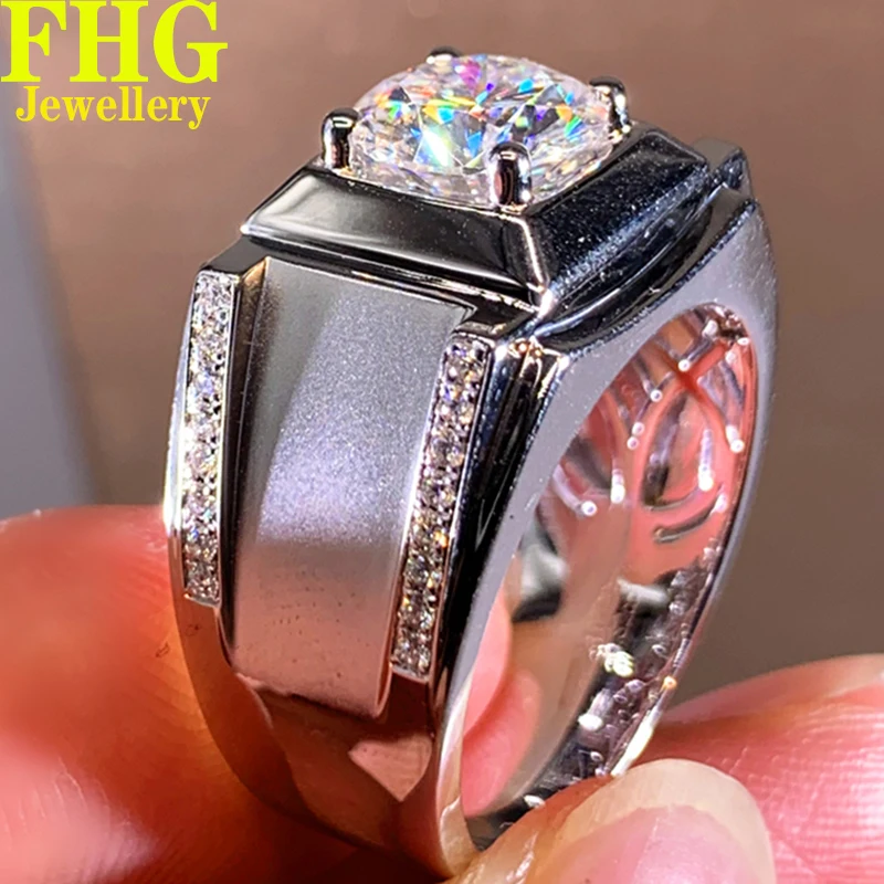 

Solid 9K Au375 White Gold Men Ring DVVS1 Moissanite Diamonds 3Carat Round Wedding Party Engagement Anniversary Ring