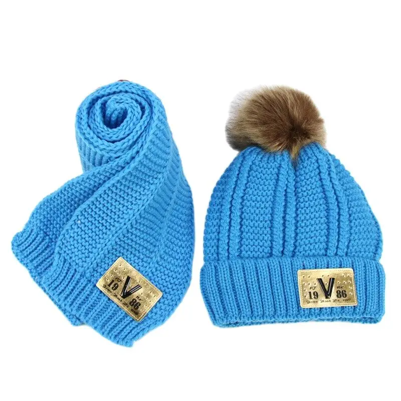 Doitbest Hairball Beanies Sets Velvet Wool Kids Knitted Fur Hats Winter 2 pcs Boys Girl Scarf Hat For 3 to 10 Years old Child