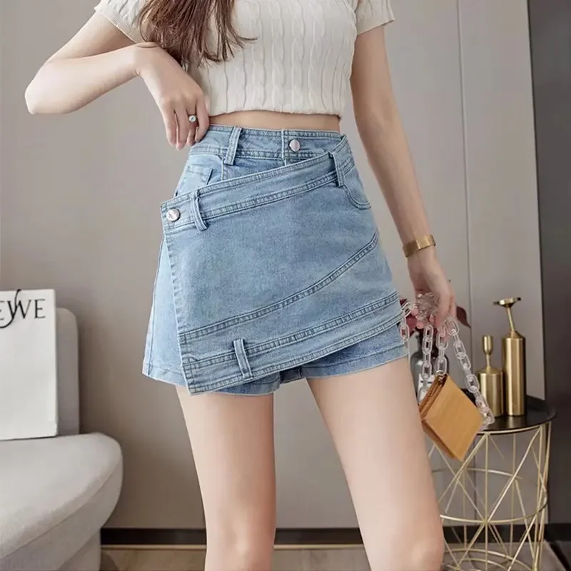 Plus Size S-5XL Denim Skirt Summer Slim Pants Short Skirt Anti Aliasing Irregular Wrap Hip A-line Skirt High Waisted Jean Shorts