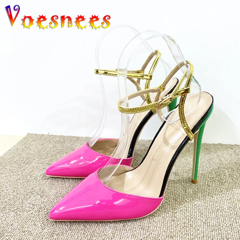 

Mixed Colors Pink Pointed Toe High Heels Europe And America New Fashion Models Show Sandals 10CM Summer Buckle Strap Women Shoes