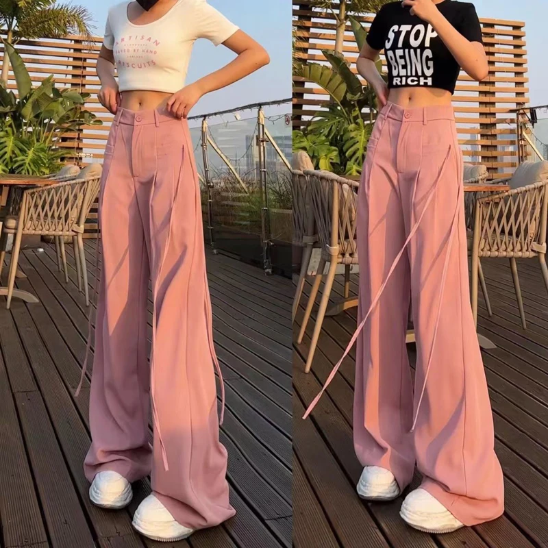 2023 Women Korean Ribbon Casual Streetwear Harajuku Y2K Wide Leg Suit Pants Female Solid Straight Trousers High Waist Pantalones