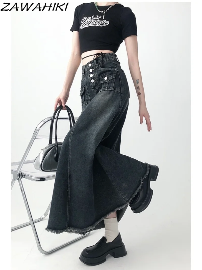 

High Waist Button-up Summer Solid Color Long Skirt Women Vintage Chic Designed A-line Casual Distressed Streetwear Denim Faldas