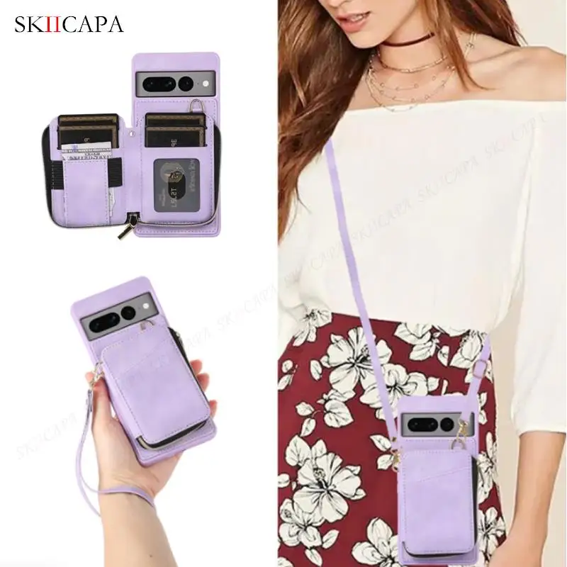 가죽 크로스바디 목걸이 끈 케이스, 구글 픽셀 7 프로 7A 6A, 픽셀 7 지퍼 지갑 카드 슬롯 지갑, 충격 방지 커버 