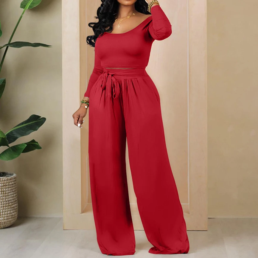 

Summer Casual Solid Knit 2 Piece Off Shoulder Long Sleeved Top Lace Up Ruched Wide Leg Pants Women Street Fashion Set