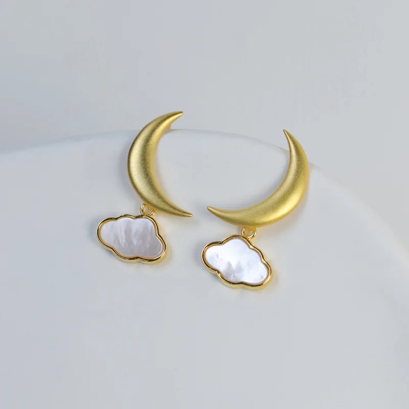 Silver Moon and Clouds Stud Earrings