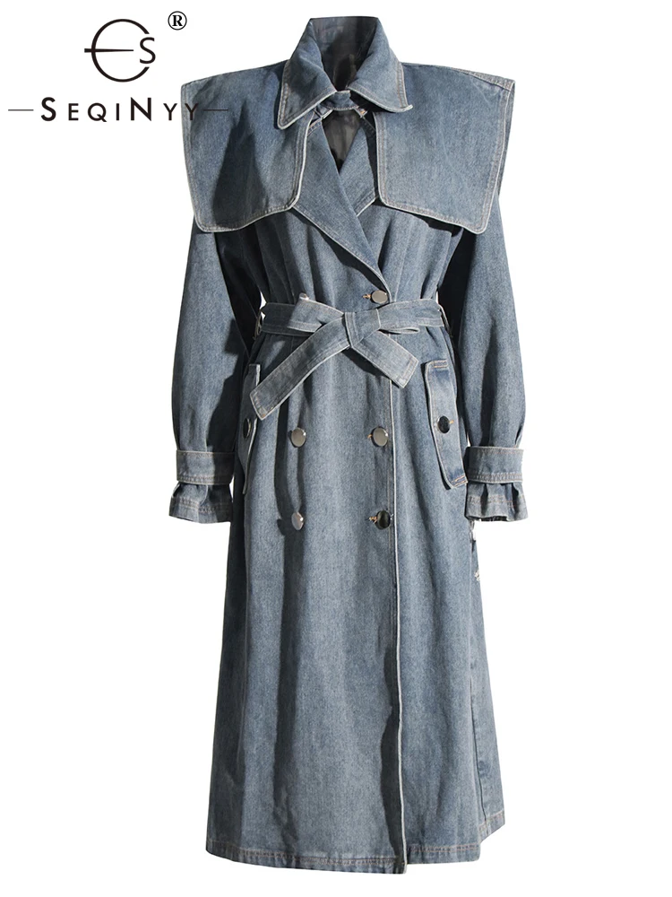 

SEQINYY Vintage Long Trench Coat Spring Autumn New Fashion High Street Loose Casual Jacket Elegant For Women Belt