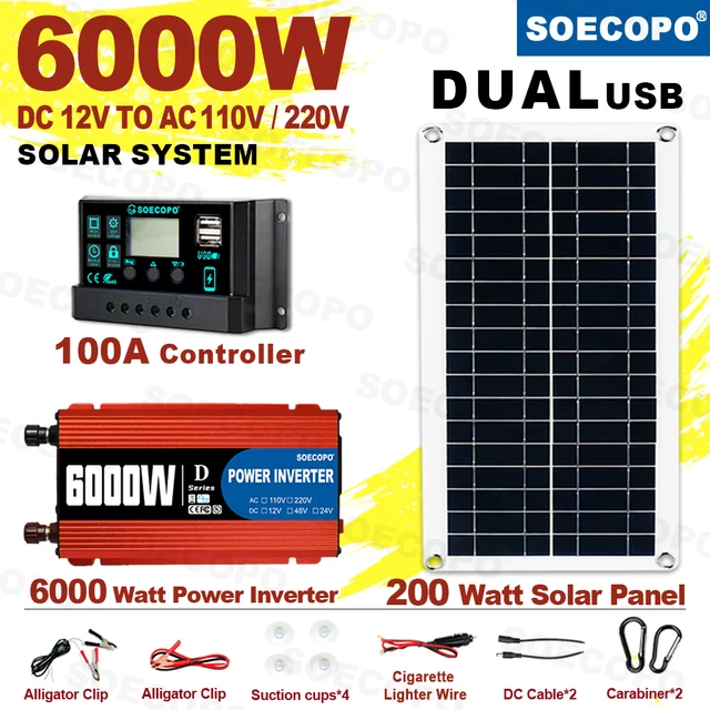 6000W พลังงานแสงอาทิตย์ระบบชุด 12V To 110 V/220 V 100A Controller 300W แผง Off-Grid ระบบอินเวอร์เตอร์สําหรับ Home/Camping สํารอง 1