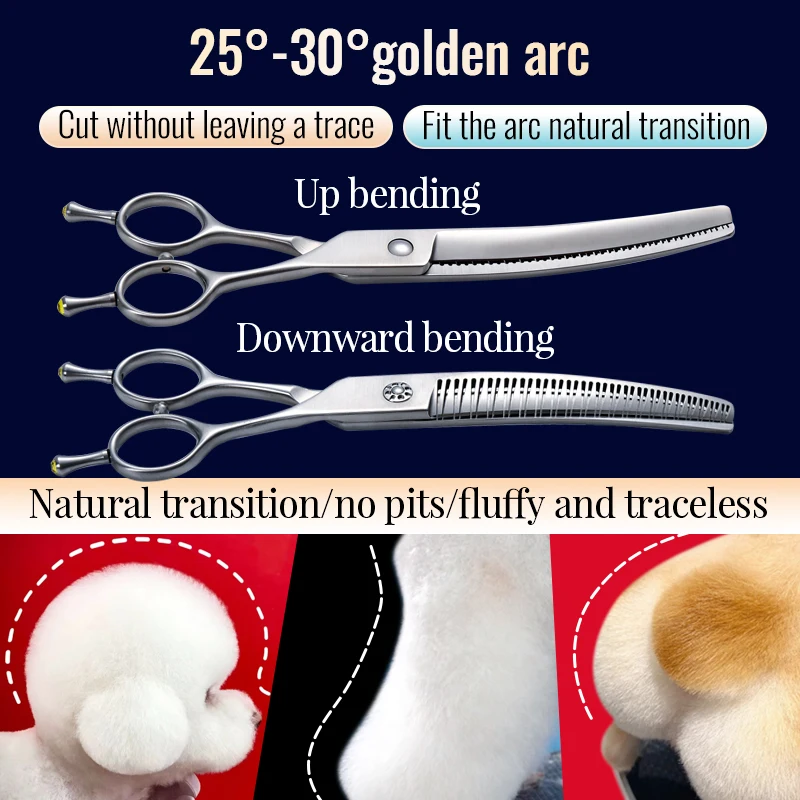 Fenice VG10 Steel 7Inch 3D Gradient Traceless Dog Grooming Straight/Curved Chunker Scissors Bearing Screws Pet Scissors 70% Rate