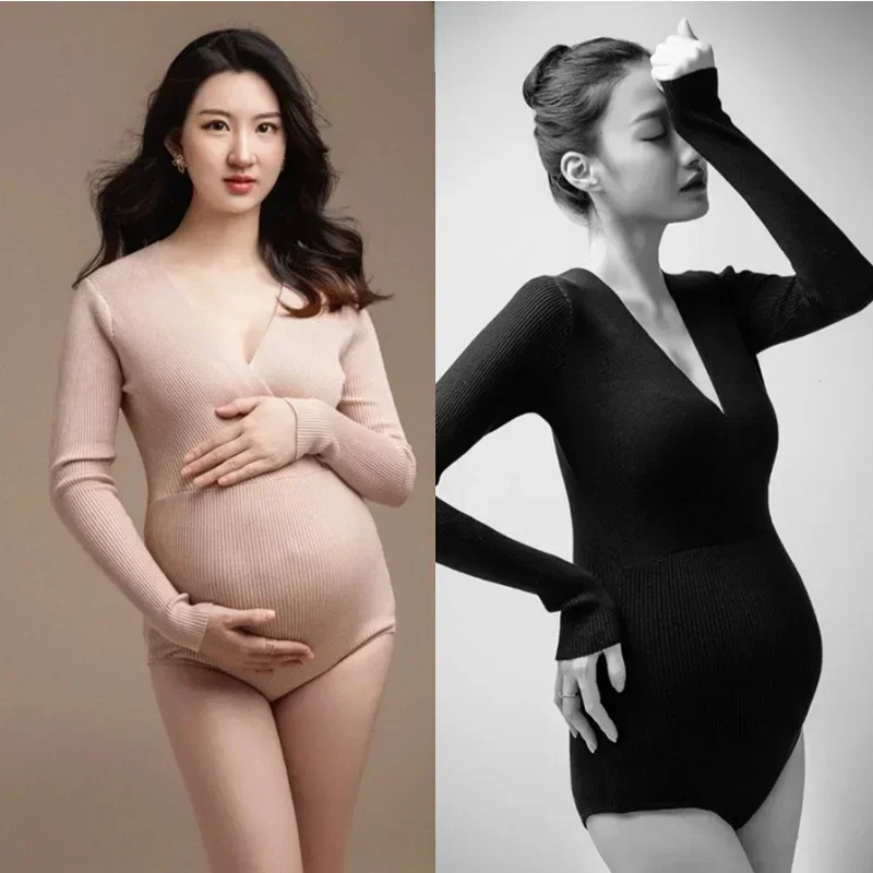 

Maternity Photography Dresses Solid Color Knitted Long Sleeves Onesie Jumpsuit Women Pregnant Clothing